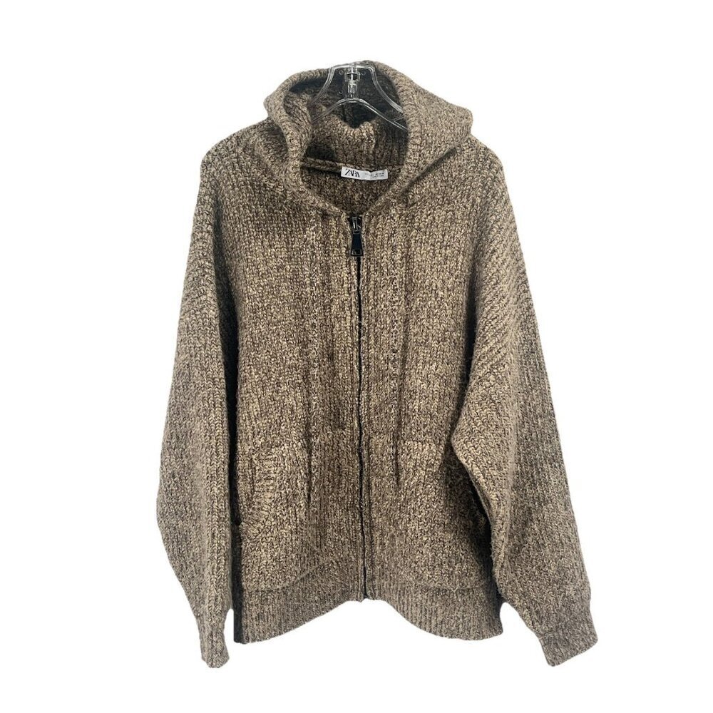 Zara Chunky Knit Full Zip Hooded Sweater Brown Sz M-L Shacket Coatigan Layer